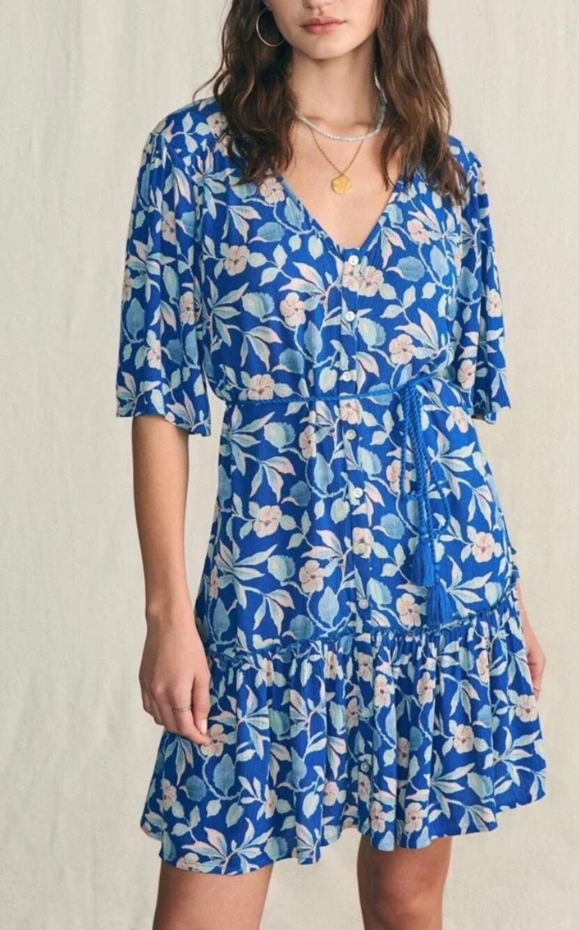 Faherty Ginger Floral Orinda Harley Mini Dress Short Sleeve Blue Belted Sz L